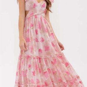 Pink Isla Floral By The River Cutout Ruffle Midi Dress in size Large